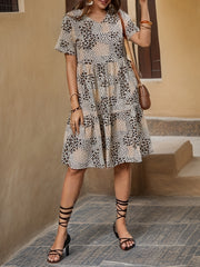 Leopard Print V Neck Dress Casual Short Sleeve Loose Dress