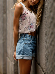 Floral Print Lace Strap Tank Top V neck Sleeveless Tank Top