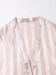 Striped Satin Night Robe Long Sleeve V Neck Robe With Belt