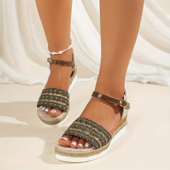 Rhinestone Wedge Sandals with Buckle Strap