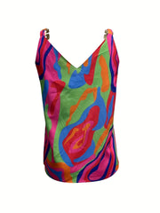 Colorful Print Chain V Neck Tank Top for Summer