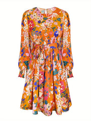 Women's Floral Print Lantern Sleeve Round Neck Dress