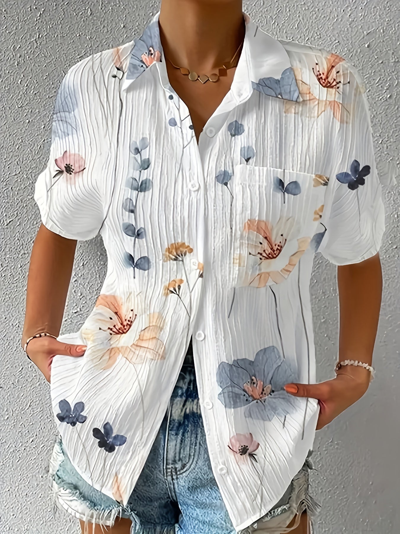 Floral Print Button Up Short Sleeve Blouse
