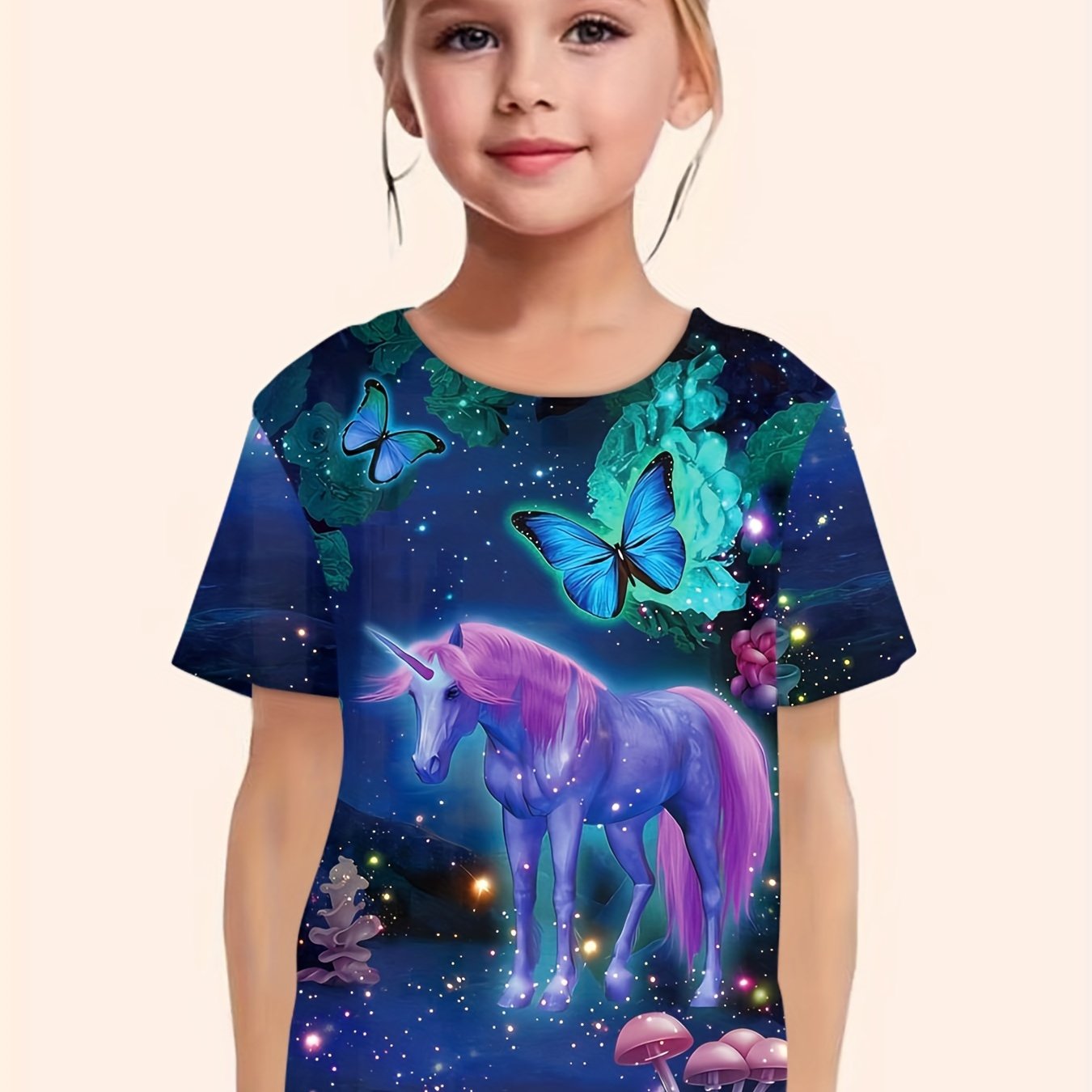 3D Unicorn & Butterfly Graphic Short Sleeve T shirt For Girls Summer Gift