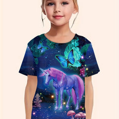 3D Unicorn & Butterfly Graphic Short Sleeve T shirt For Girls Summer Gift
