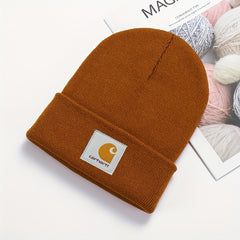 Label Patch Beanie Unisex Solid Knit Hat Warm Skull Cap
