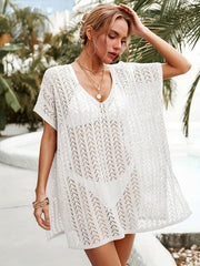 Crochet Side Split Cover Up Dress Short Sleeve Boho Beach Coverup