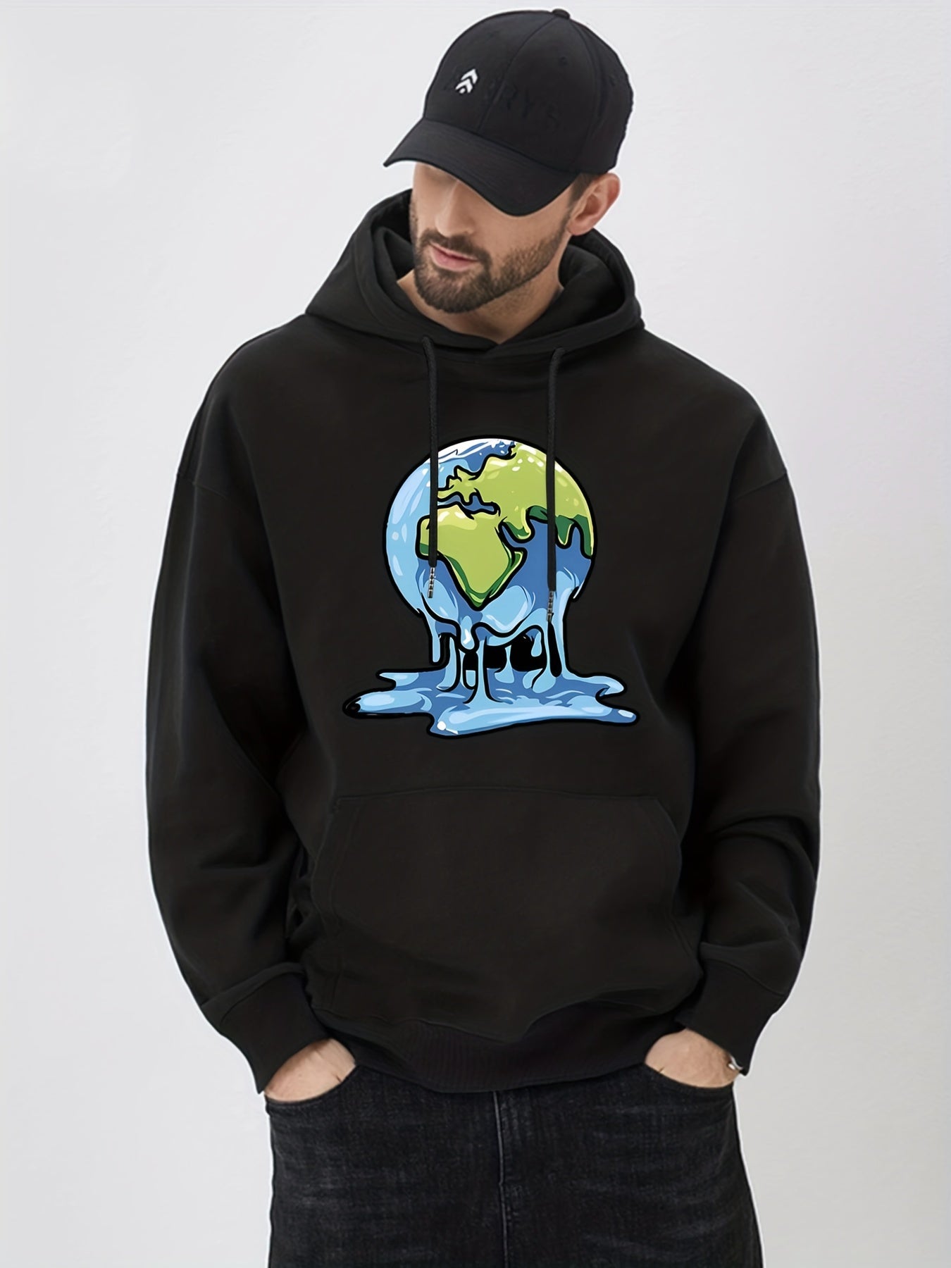 Melting Earth Print Hoodie Men's Casual Graphic Pullover Hooded Sweatshirt