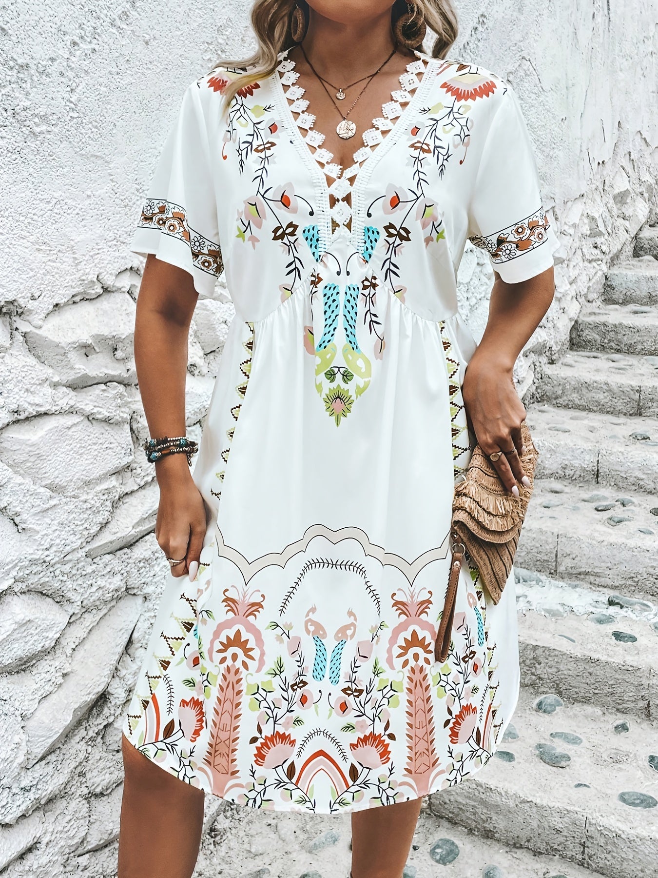 Plus Tribal Print Lace Panel V Neck Vacay Dress