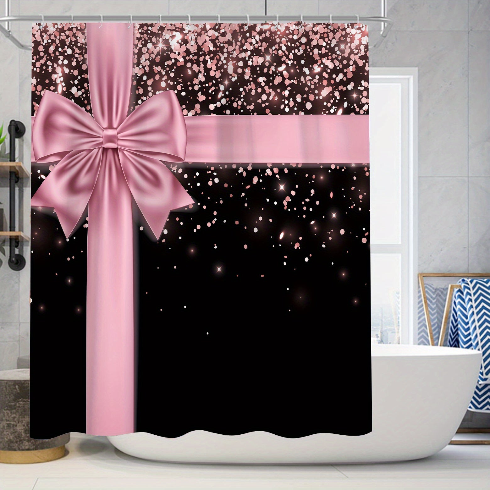 Sparkling Pink Shower Curtain Set with Carpet