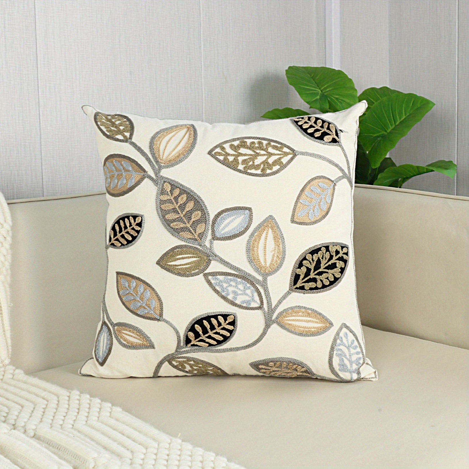 Colorful Leaves and Flowers Embroidered Pillow Cover