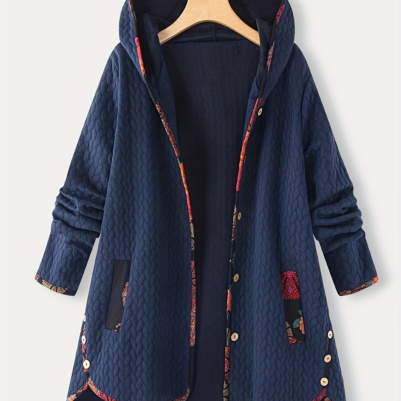Striped Hooded Long Sleeve Mid Length Jacket Casual Button Front