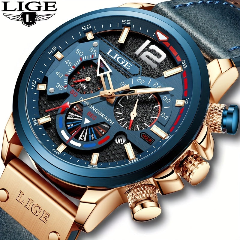 LIGE Boy's Leather Quartz Watch Waterproof Sport Clock