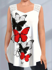 Butterfly Print Lace Tank Top Sweetheart Neck Medium Stretch