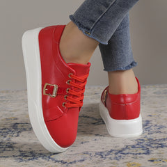 Women's PU Leather Casual Shoes Lightweight Low Top Lace Up Platform Sneakers