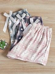 3 Pack Plus Size Preppy Lounge Bottoms Set Women's Plus Plaid & Heart Print Bow