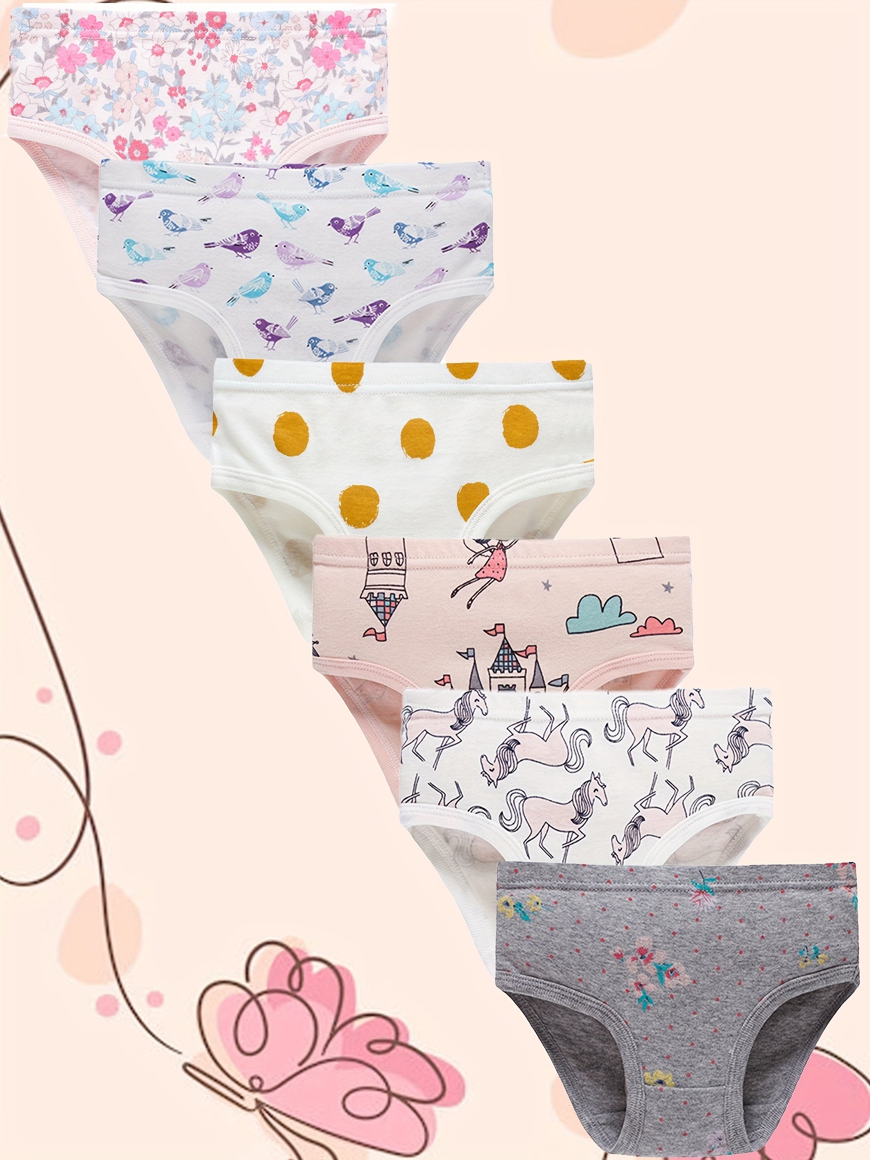 6pcs Girls Triangle Panties Cartoon Floral Animals Print Elastic Waist