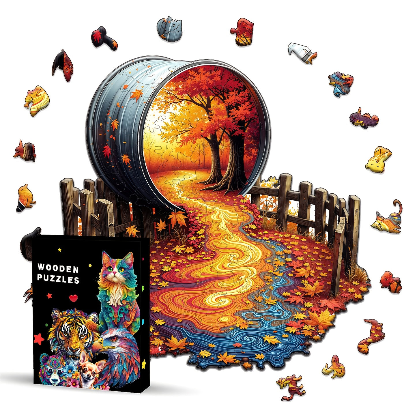 Autumn Maple Leaf Path Scenery Wooden Puzzle Art of Nautilus Box