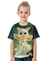 Girls 3D Cartoon Fox Wings Graphic Short Sleeve T-shirt Top For Summer Sports