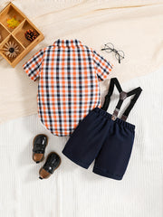 2pcs Baby Boys Plaid Shirt Onesie & Suspender Shorts Gentleman Outfit