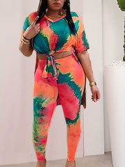 Tie Dye V Neck Top & Leggings Set
