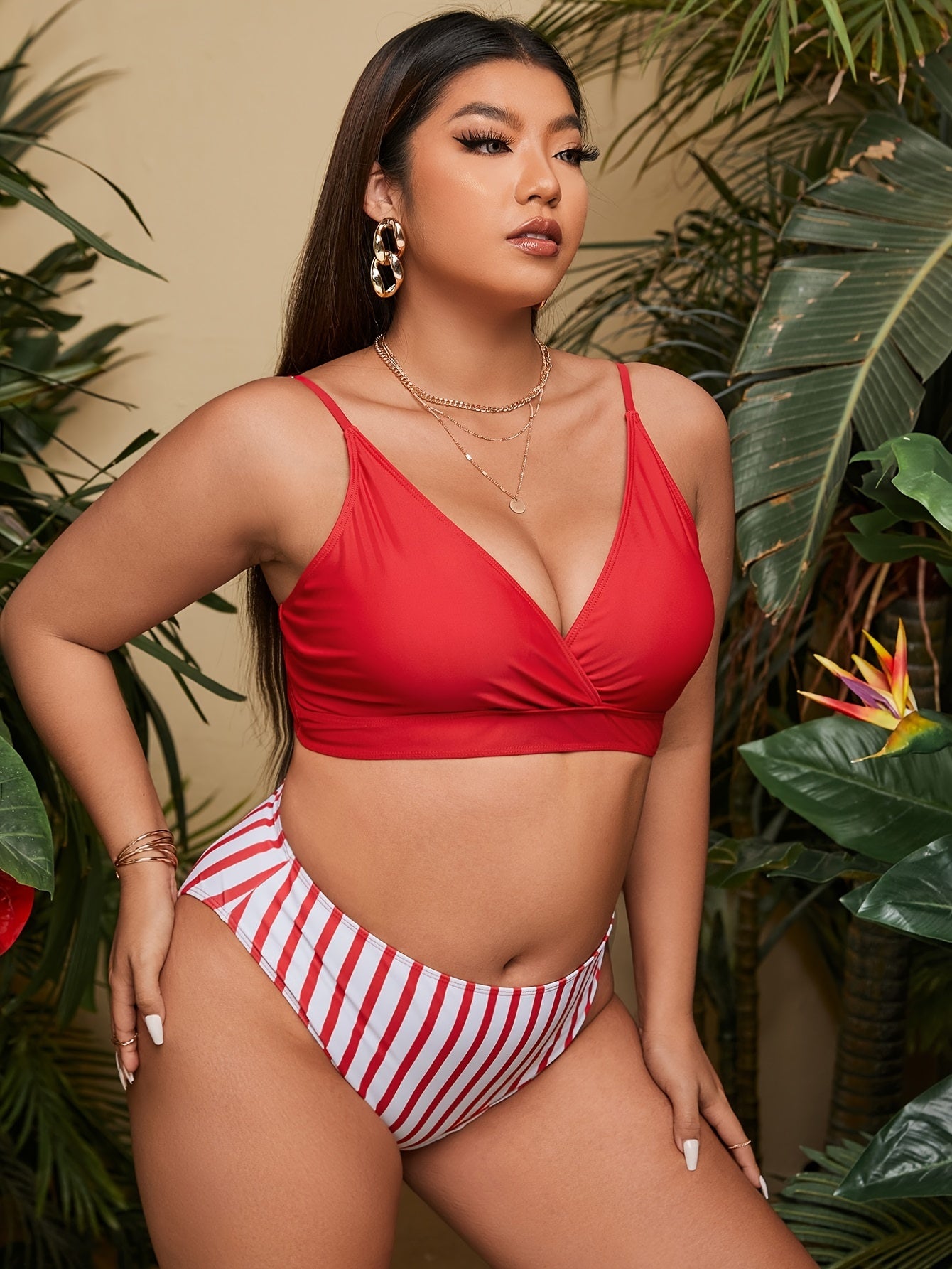 Casual Bikini Set Women's Plus Solid Bra & Stripe Print Underwear Biki
