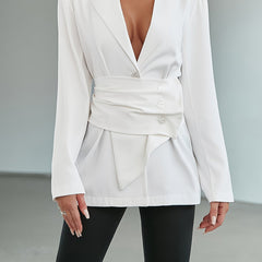 Waist Belt Slim Fit Blazer Coat Long Sleeve Loose Mid Length Outerwear