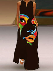 Abstract Face Print Maxi Dress Notched Neck Sleeveless Casual Dress