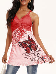 Butterfly Print Drawstring Front Cami Top for Summer Women's Clothing