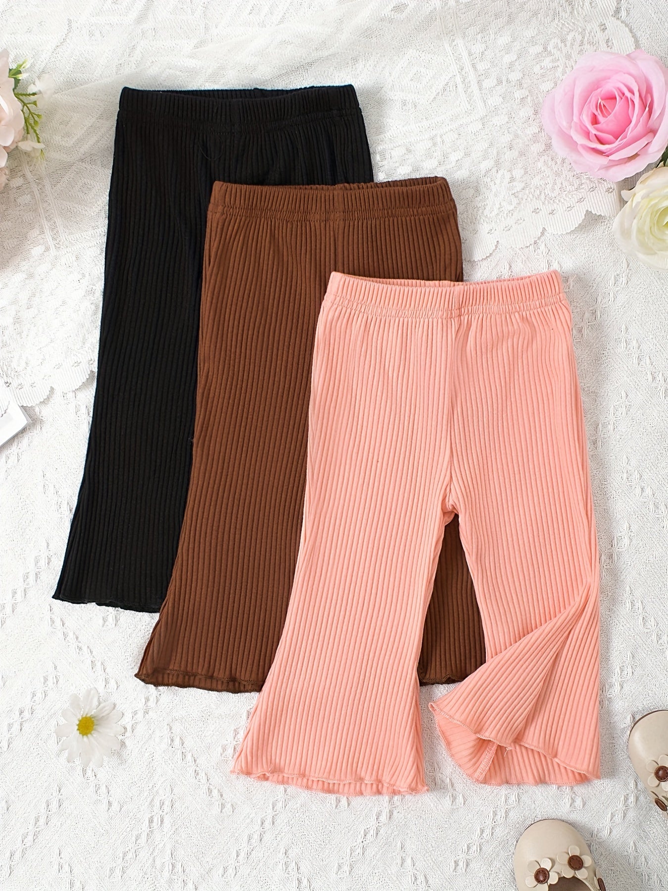Baby Flared Pants Girls Elastic Ruffle Trim Casual Trousers 3pcs Set