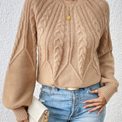 Cable Knit Lantern Sleeve Sweater Crew Neck Pullover Jumper