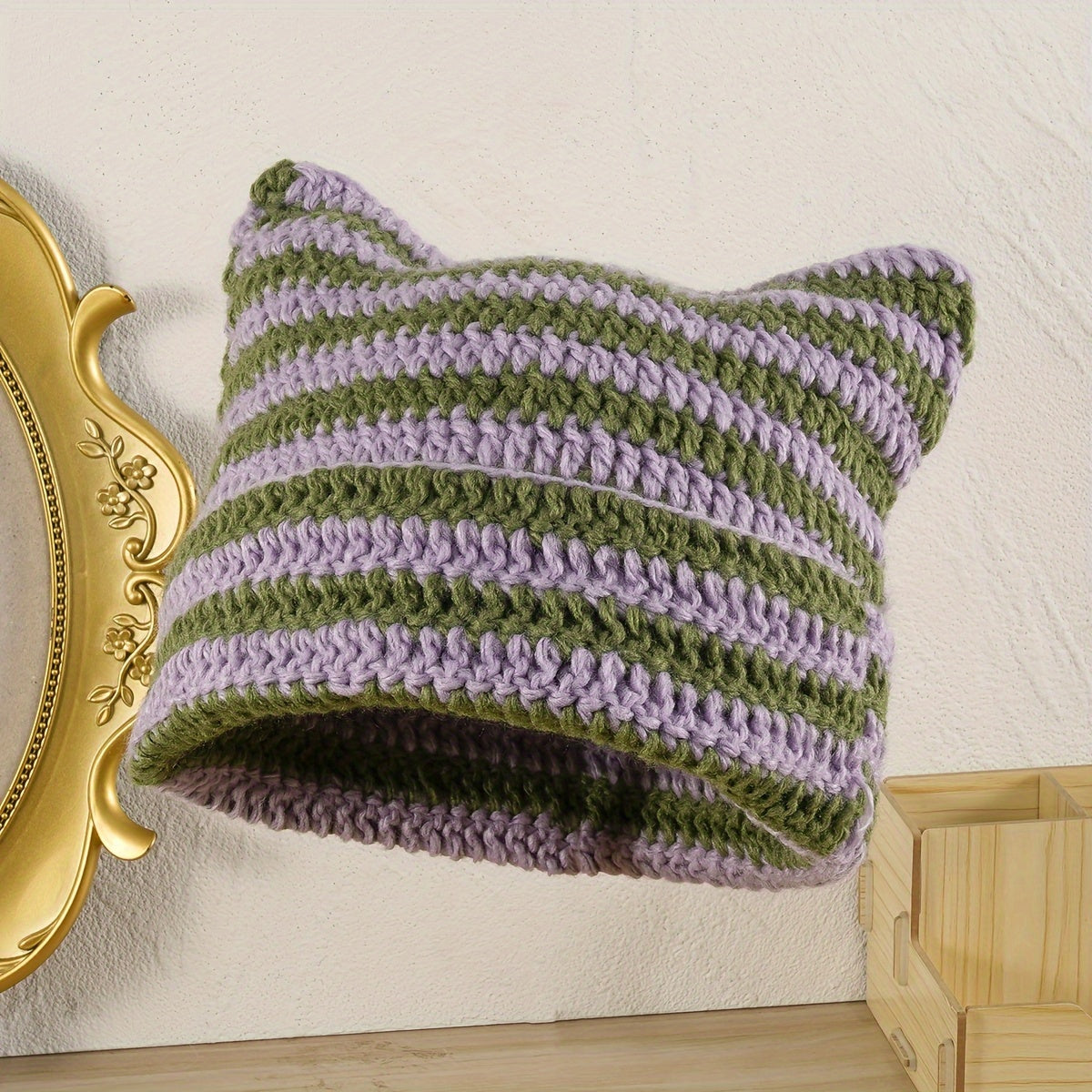 Striped Knitted Beanie Hat Cat Ears Pullover Hat For Men And Women