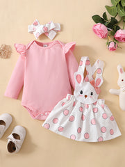 3pcs Baby Girl Polka Dot Rabbit Suspender Skirt Set