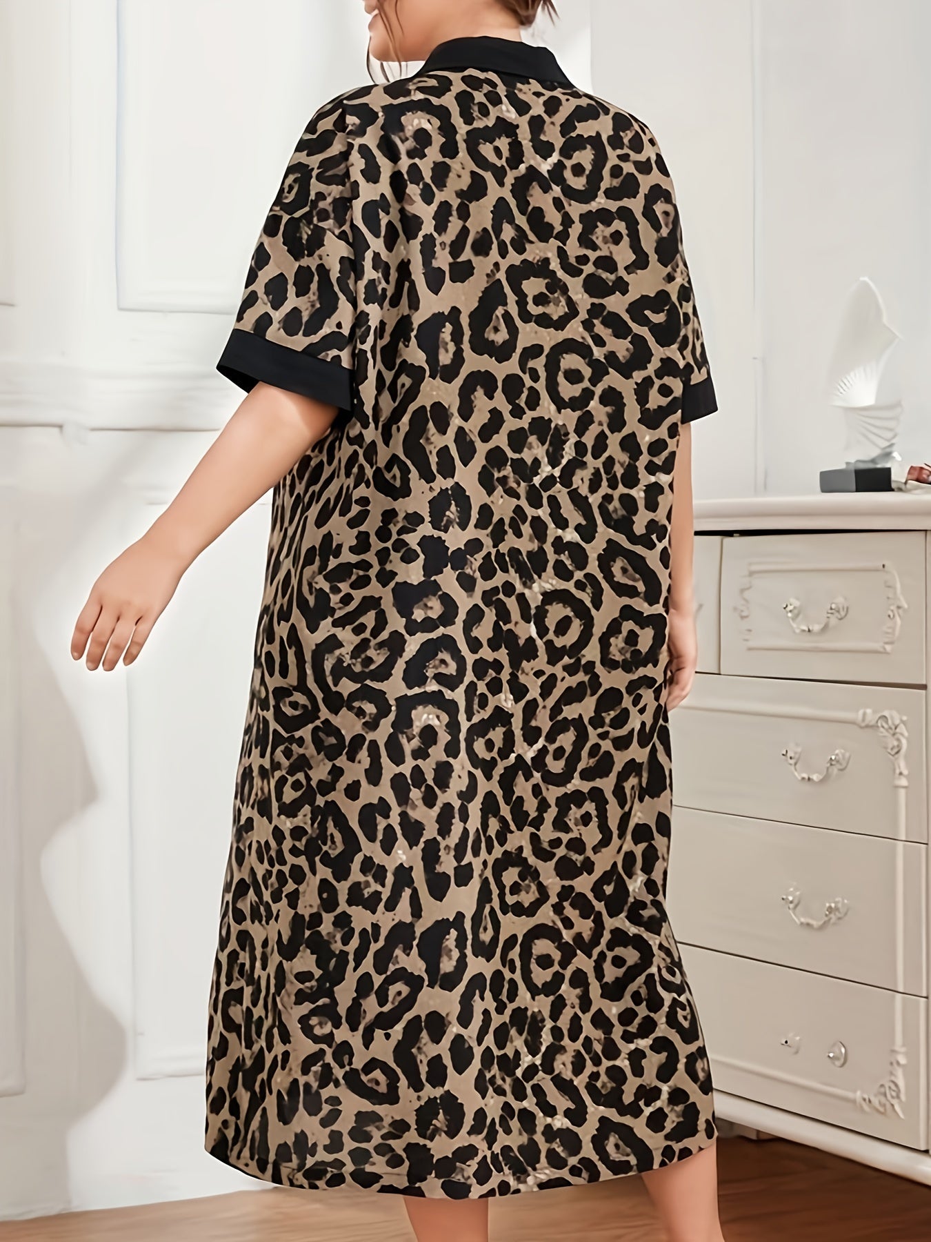 Leopard Print Lounge Dress Short Sleeve Button Up Sleep Dress