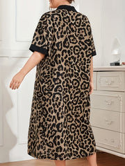 Leopard Print Lounge Dress Short Sleeve Button Up Sleep Dress