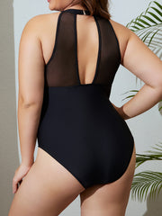 Sexy Swimsuit Colorblock Striped Print Contrast Mesh One Piece