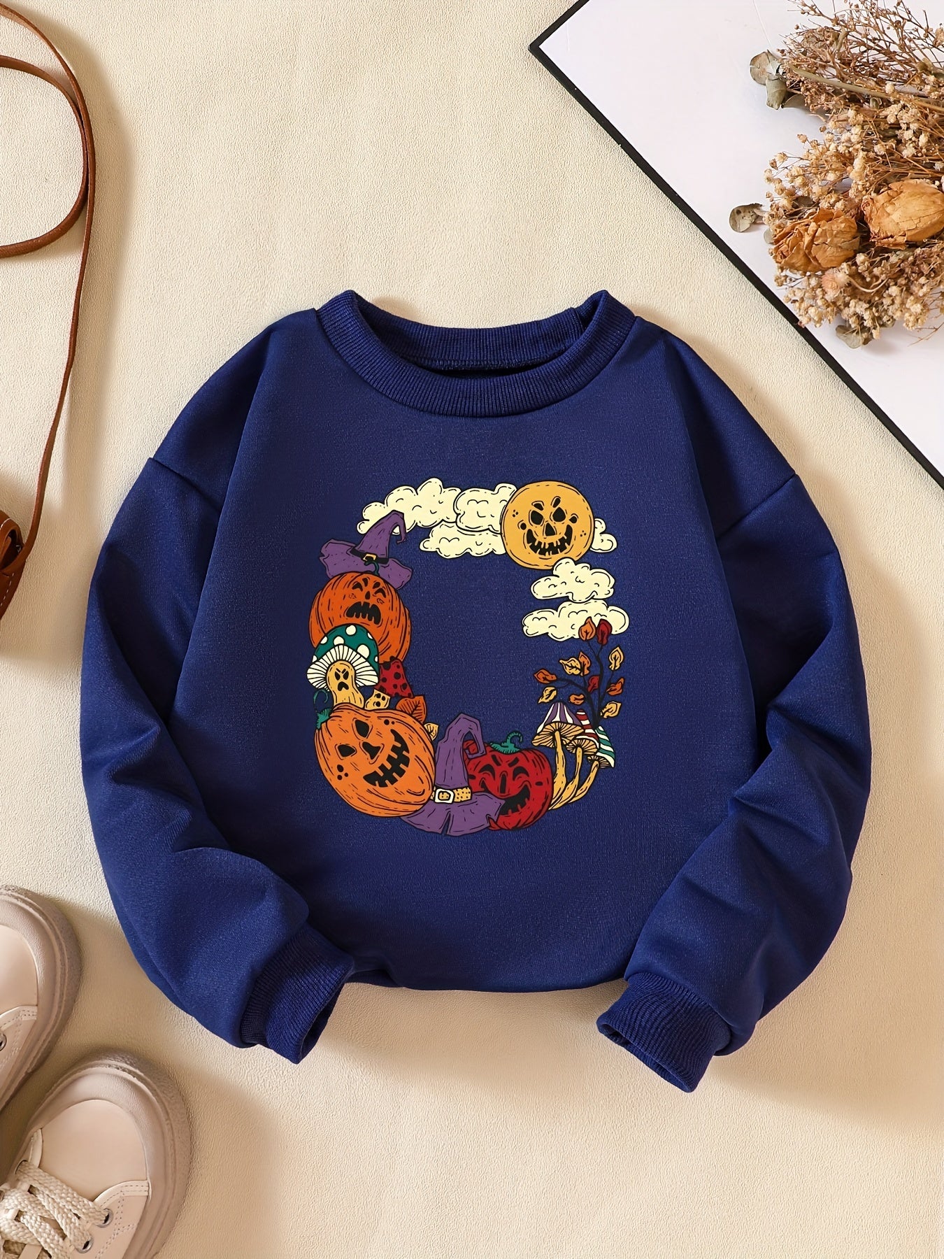 Girls' Halloween Element Print Crew Neck Sweatshirt Long Sleeve Pullovers