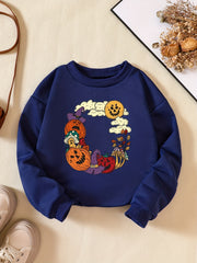 Cartoon Halloween Biosphere Print Crew Neck Sweatshirt for Girls