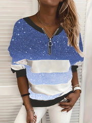 Block Zip V Neck Sweatshirt for Women