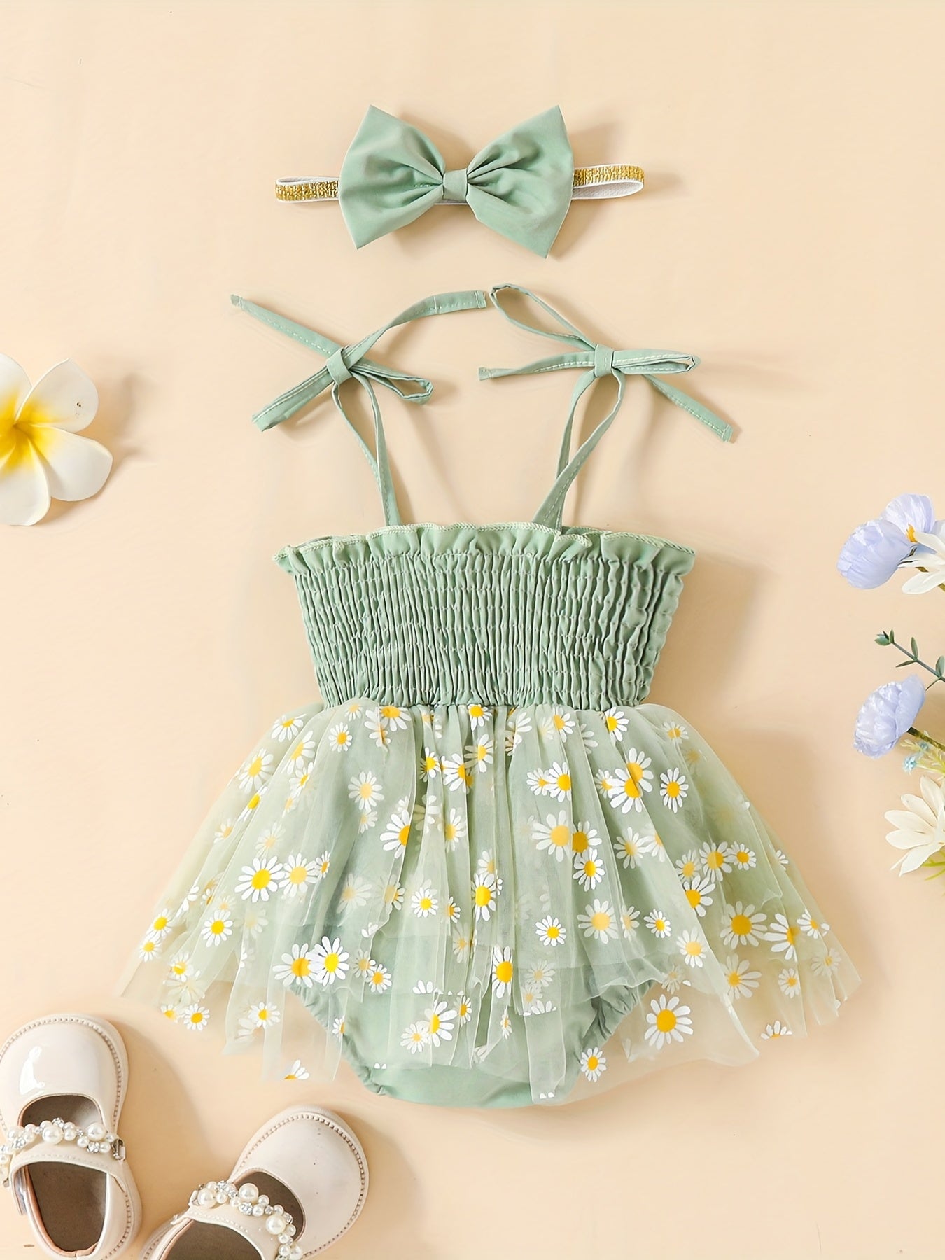 Baby Girls Shirred Mesh Onesie Dress & Headband Set