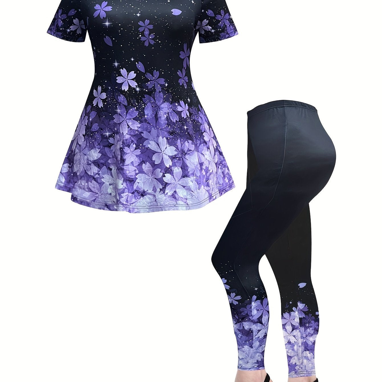 Women's Plus Glitter Floral Print Top & Leggings Set