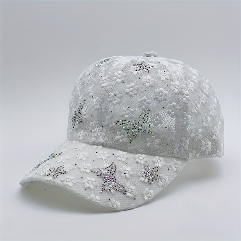 Rhinestone Butterfly Baseball Cap Lace Hollow Out Breathable Dad Hats
