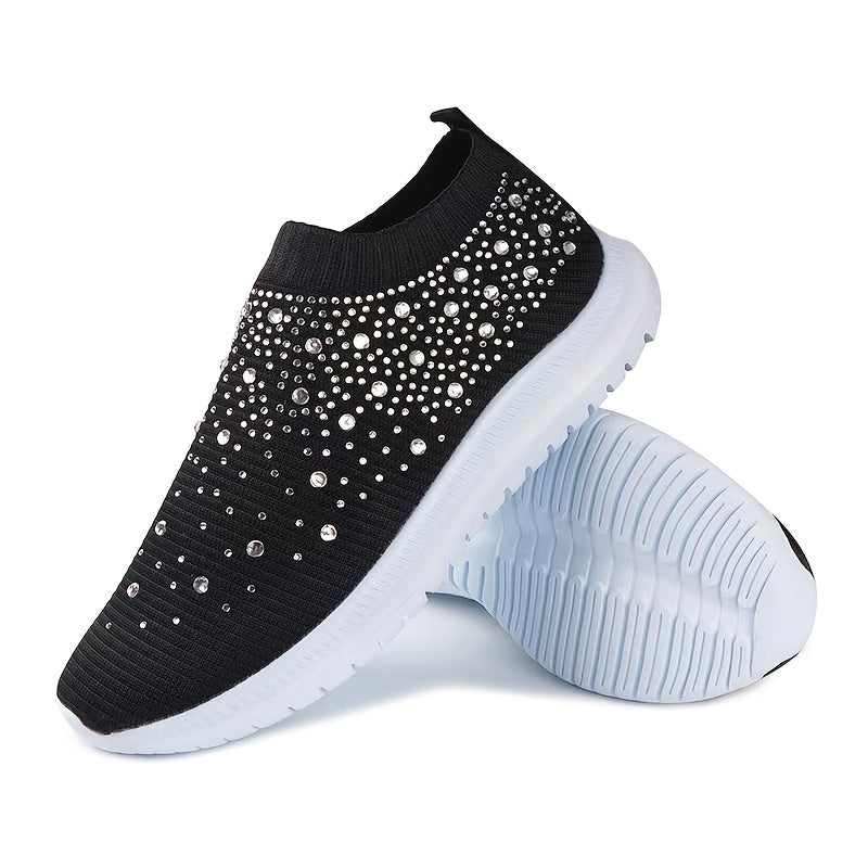 Faux Rhinestone Knitted Slip-On Sports Shoes for Women