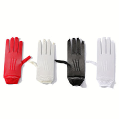 Red Nylon Fishnet Bridal Gloves with Lace Trim for Wedding