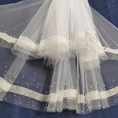 2 Tiers Ribbon Faux Pearl Edge Veil Bridal Wedding Hair Accessories