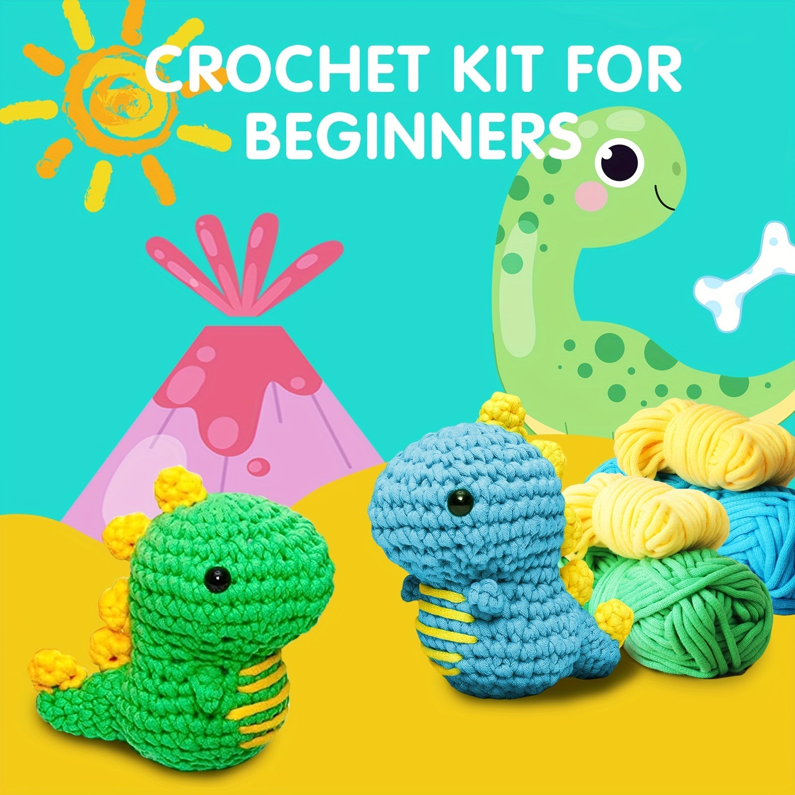 Beginner Dinosaur Crochet Kit with Easy Yarn - DIY Knitting