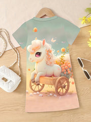 Girls 3D Pony Graphic Crew Neck Dress for Spring Fall