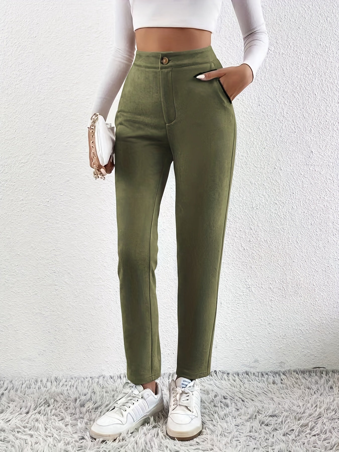 Solid High Waist Pants Casual Long Length Work Office Pants Women's Clothing
