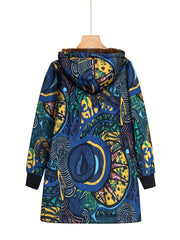 Abstract Print Hooded Coat Open Front Long Sleeve Outerwear