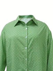 Women's Plus Allover Print Long Sleeve Button Up Shirt & Pants Outfit